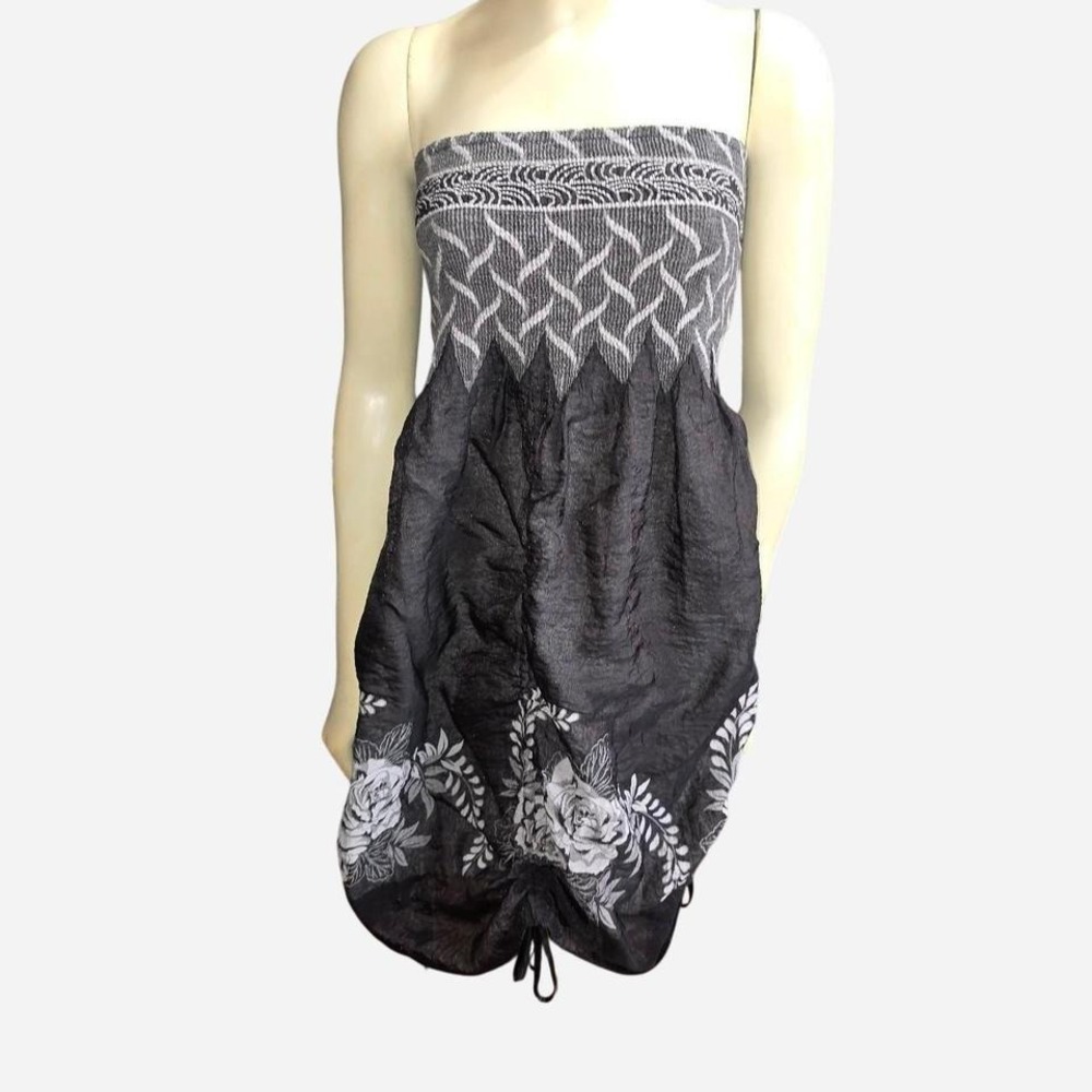 Boho Strapless Smocked Mini Dress Black & White Floral‎ Summer Festival Tunic